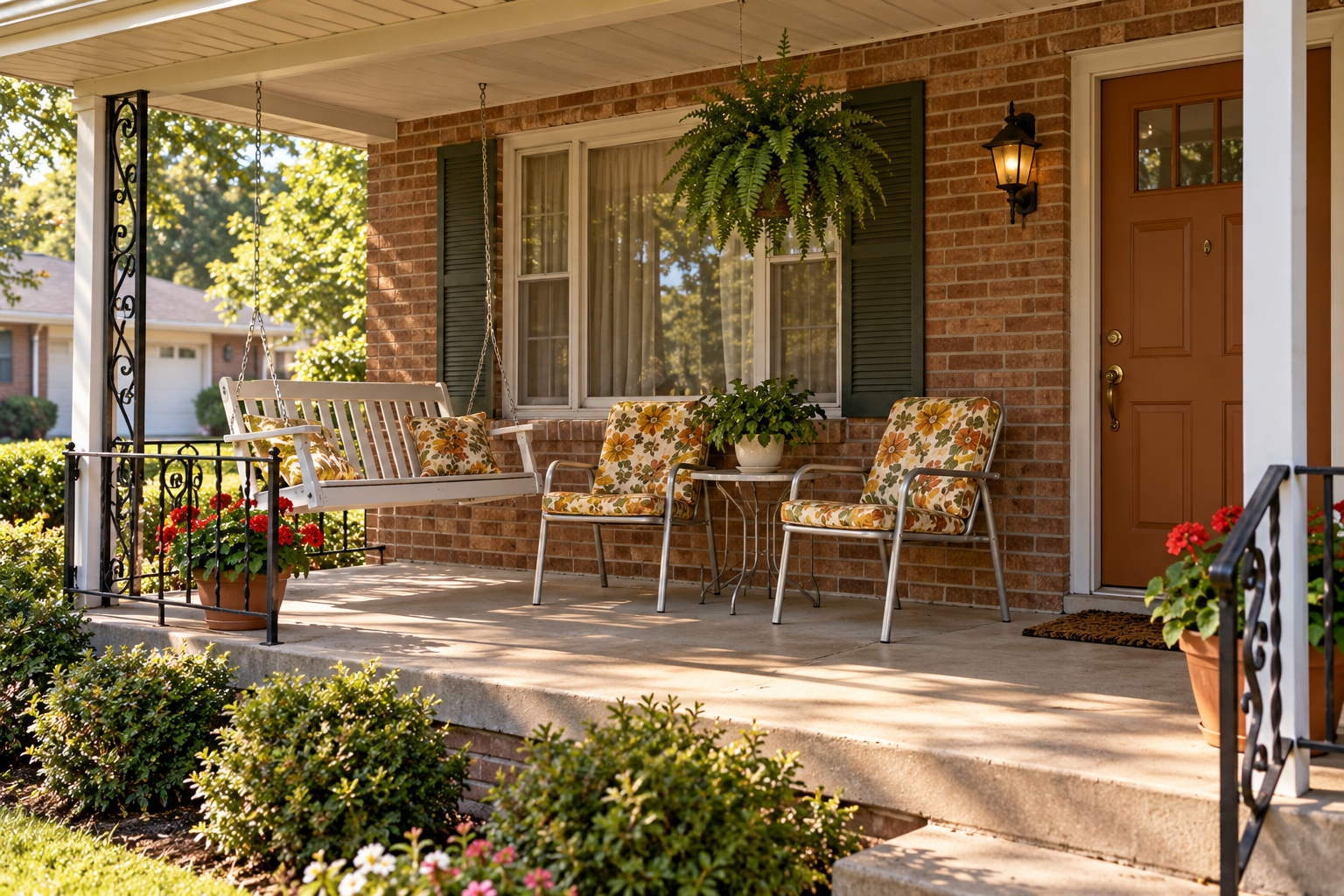 A brick house porch featuring a white hanging swing, two floral chairs with a small table between them, and potted plants.