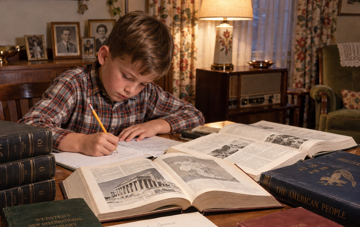 A young boy in a plaid shirt writes in a notebook at a wooden table surrounded by open books in a cozy, vintage living room decorated with photos, a lamp, and floral curtains.