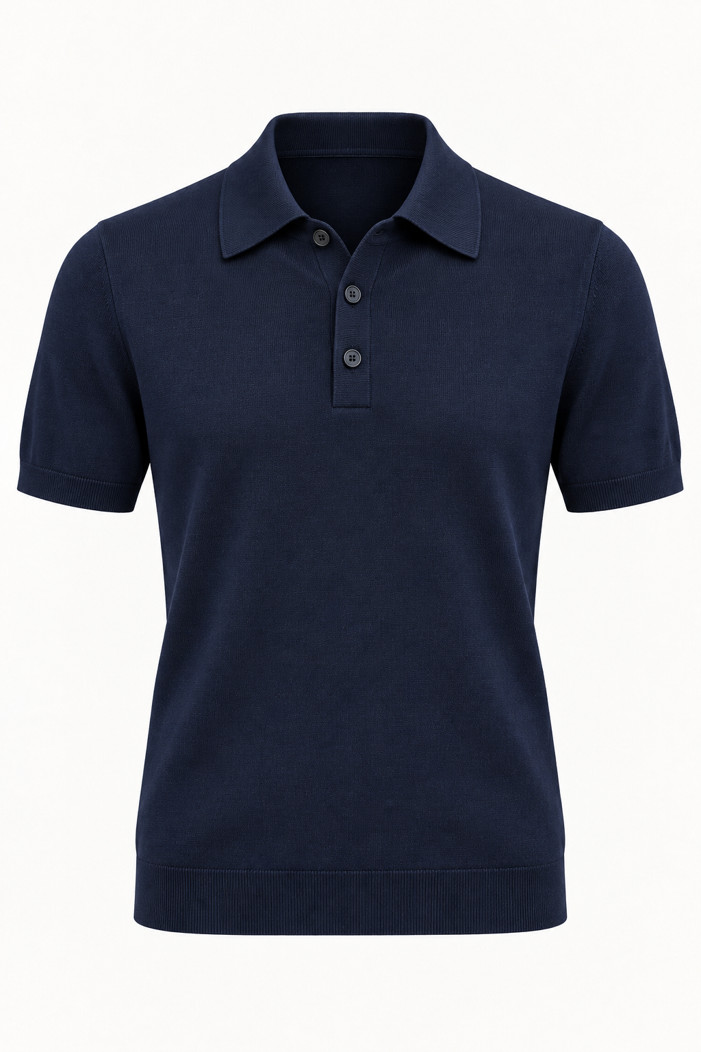 Short-sleeved navy blue knit polo shirt with a three-button placket.