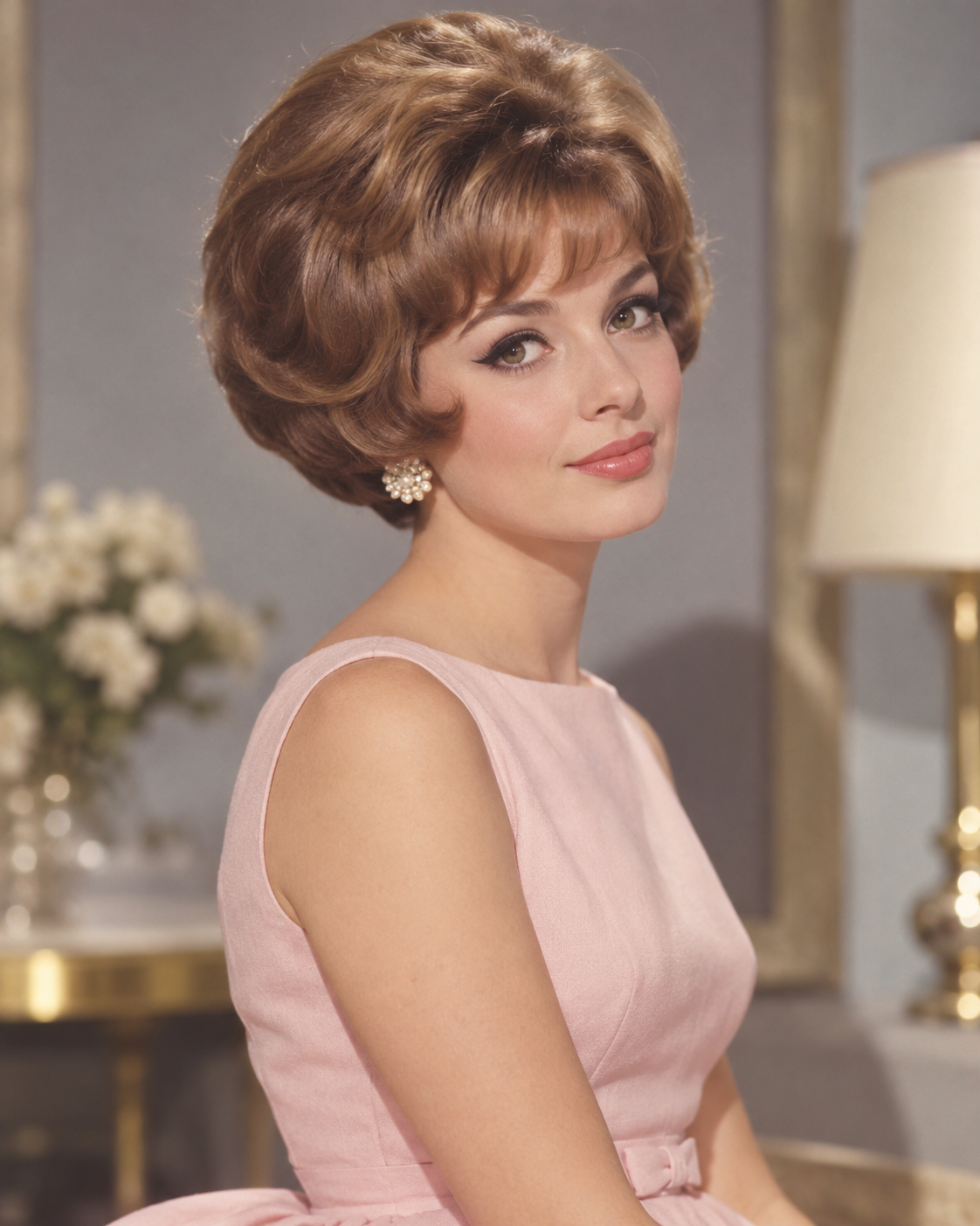 A woman with a voluminous hairstyle wears a sleeveless pale pink dress and pearl earrings.