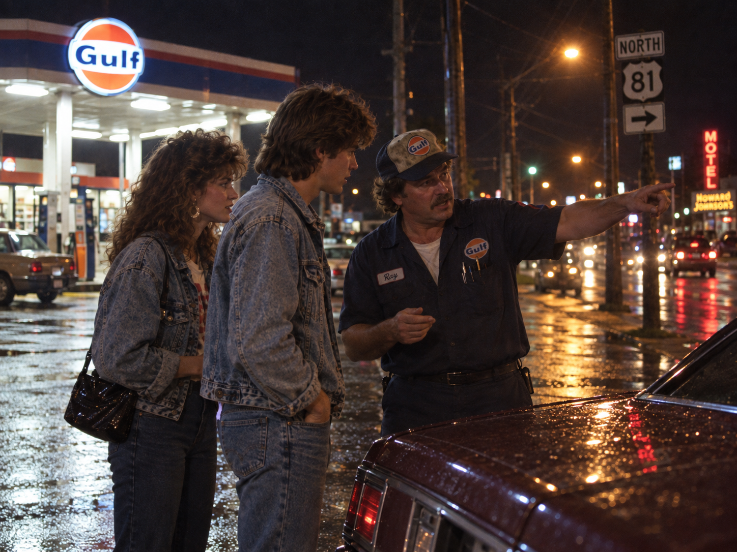 A Gulf gas station employee points toward the road while speaking to a young man and woman at night.