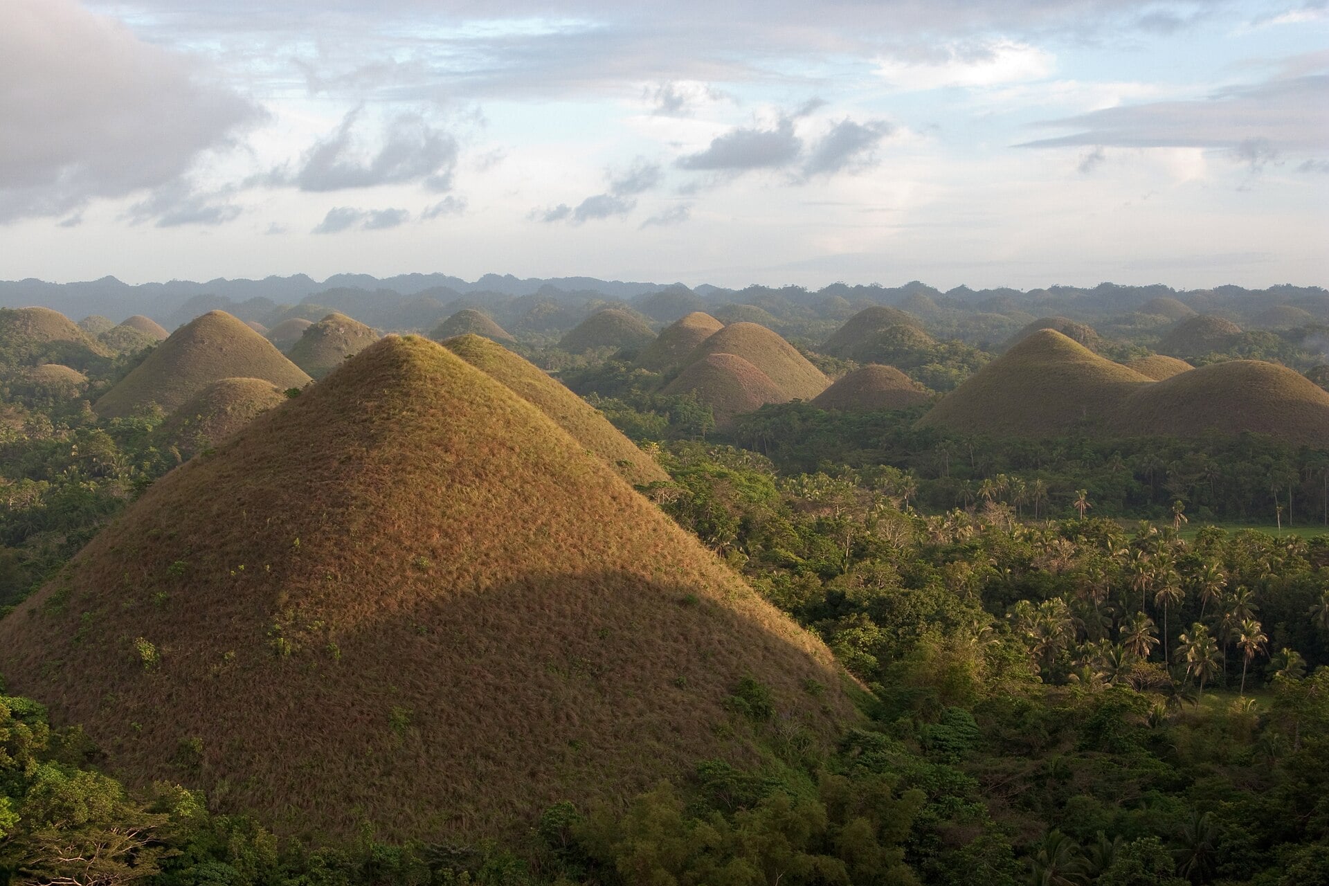 Many symmetrical, grass-covered conical hills rise above a forested landscape under a cloudy sky.