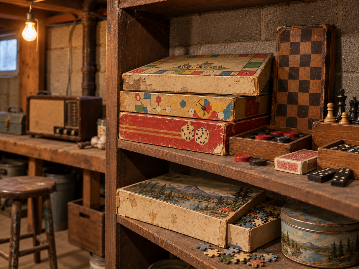 A stack of vintage board games on wooden shelves, including boxes for Parcheesi, a checkerboard, chess pieces, dominoes, and a box of puzzle pieces.