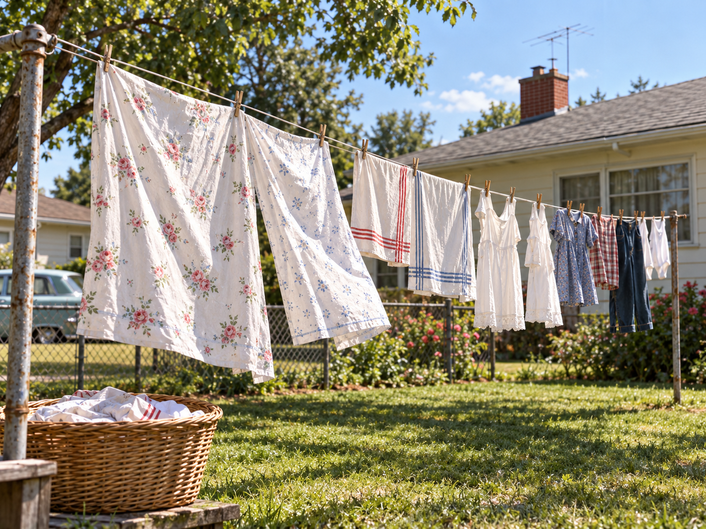 Laundry hangs on a clothesline in a sunny backyard, with a wicker basket of clothes in the foreground.