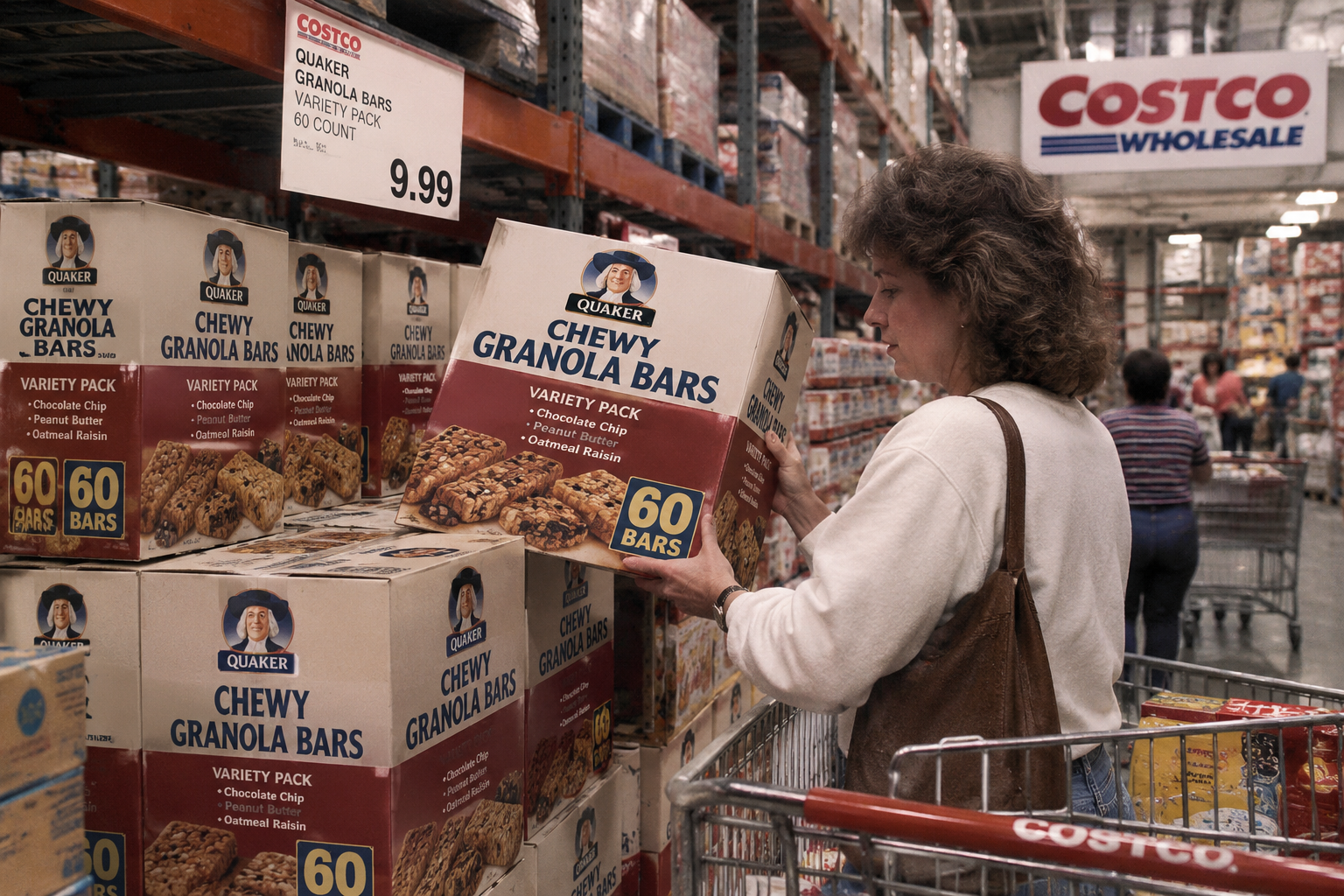 A shopper in a Costco warehouse reaching for a box of 60 Quaker Chewy granola bars.