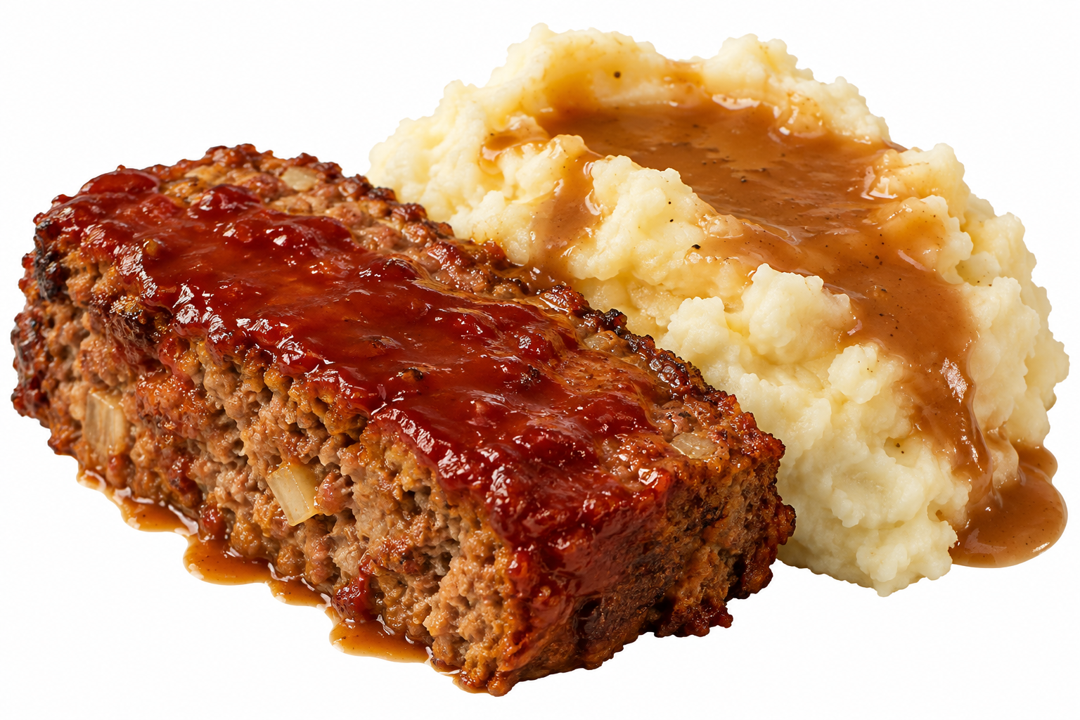 A slice of meatloaf with a red glaze next to a scoop of mashed potatoes topped with gravy.