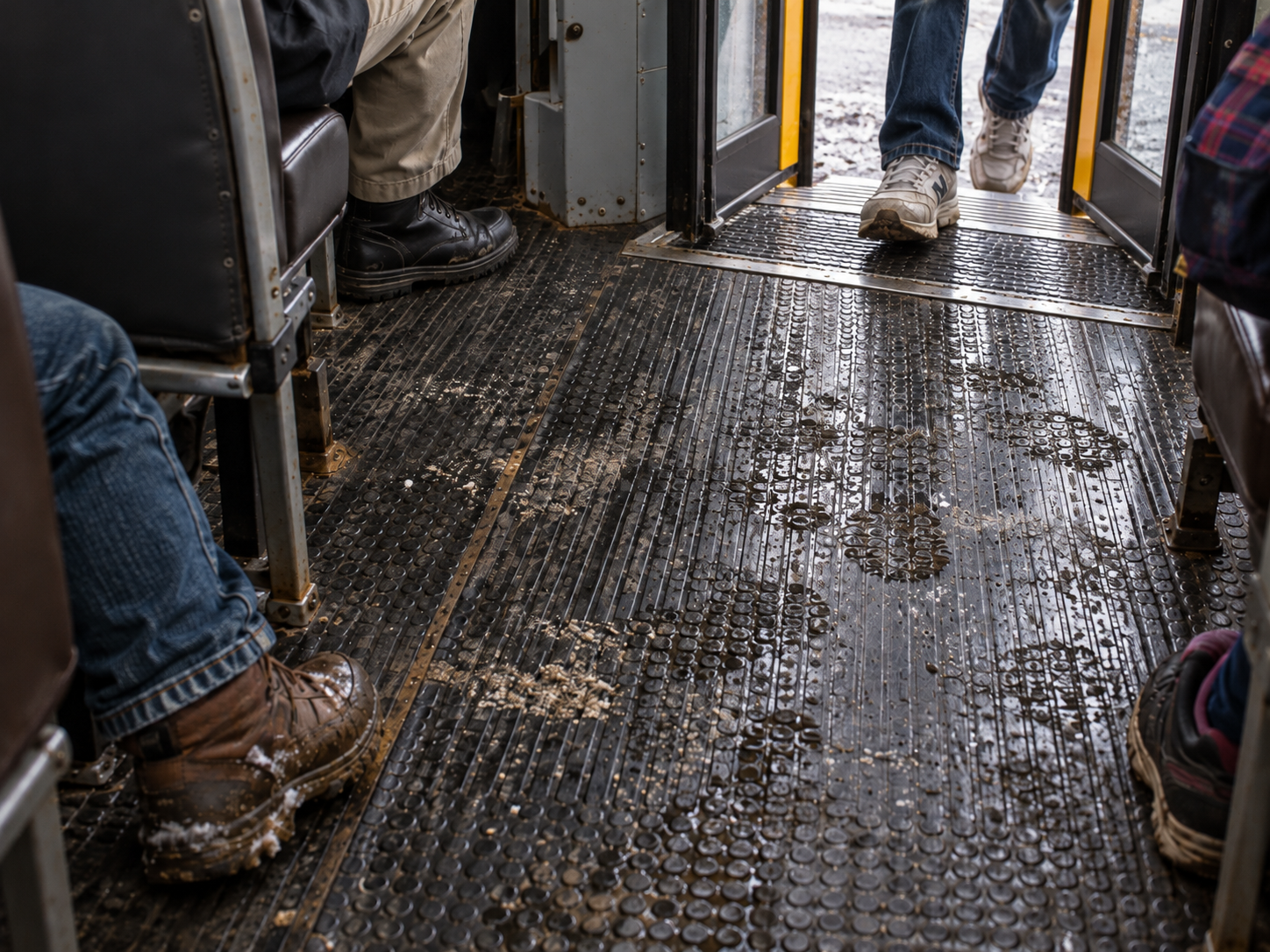 Muddy footprints on the grooved rubber floor of a bus near the open doors.