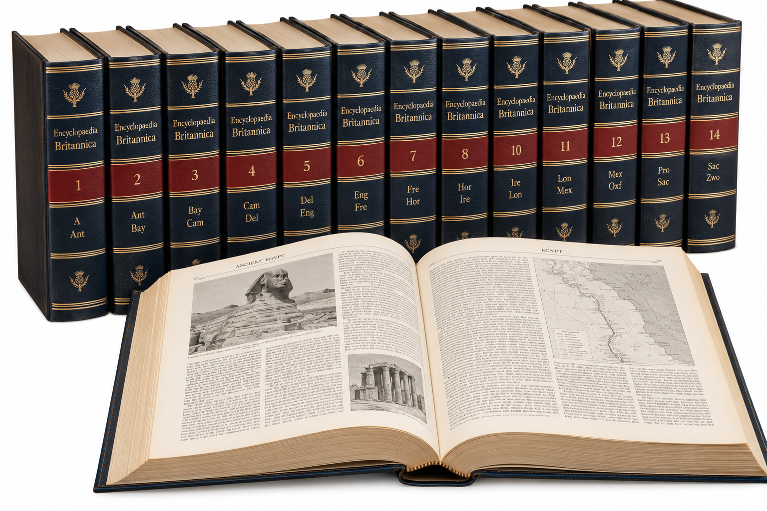 A set of fourteen Encyclopedia Britannica volumes with one book open in the foreground displaying text, a photo of the Sphinx, and a map of Egypt.