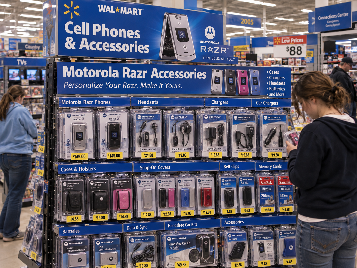 A customer looking at a retail display of Motorola Razr cell phone accessories, including headsets, chargers, cases, and memory cards, inside a Walmart store.