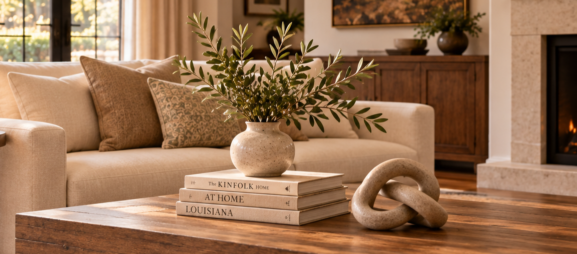 A vase of olive branches sits atop a stack of three books on a wooden coffee table, next to a decorative stone knot.