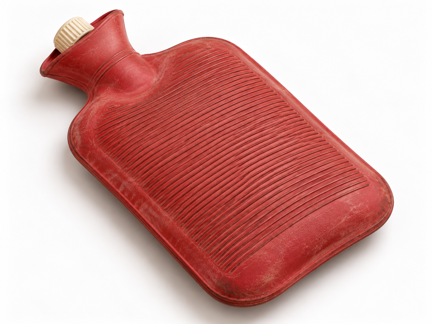 Red rubber hot water bottle with a screw-on stopper.