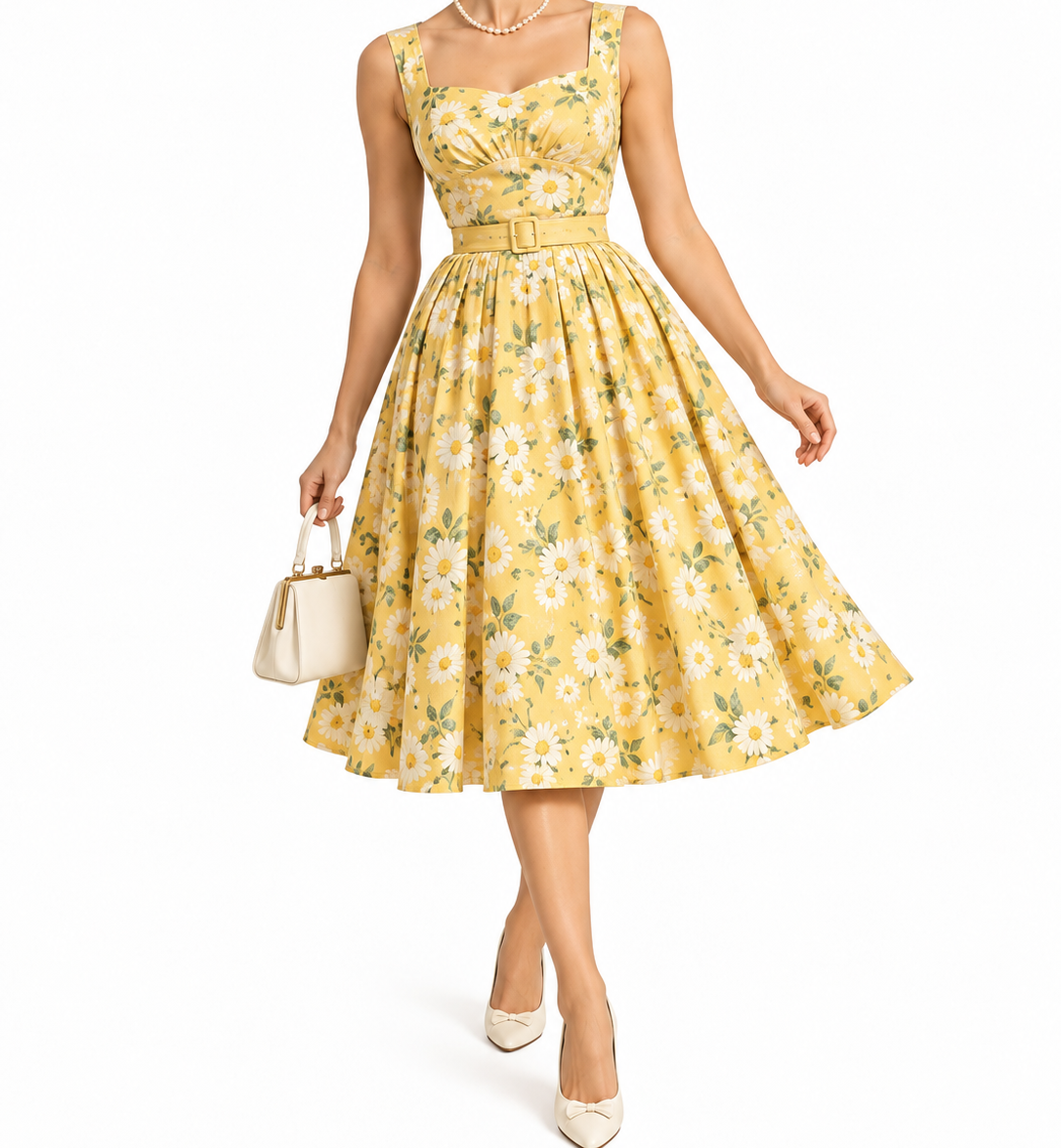 A woman wearing a yellow daisy-print midi dress with a matching belt, carrying a small white handbag and wearing white heels.