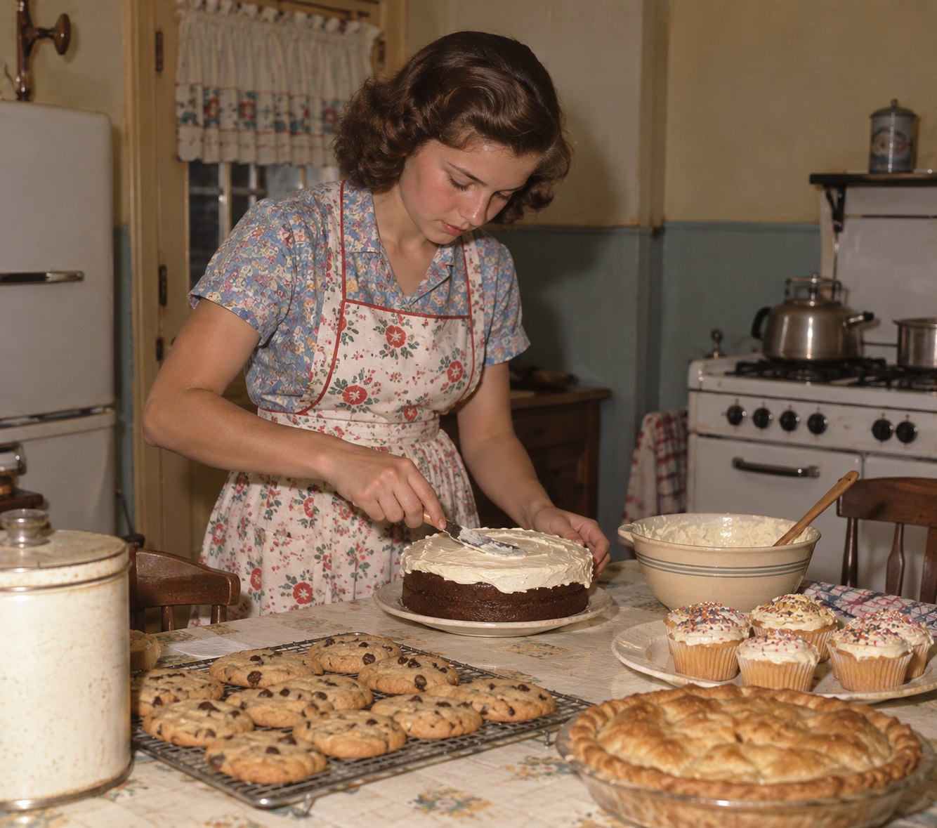 A young woman wearing a floral apron spreads frosting on a round cake, with cookies, cupcakes, and a pie on the table in front of her.