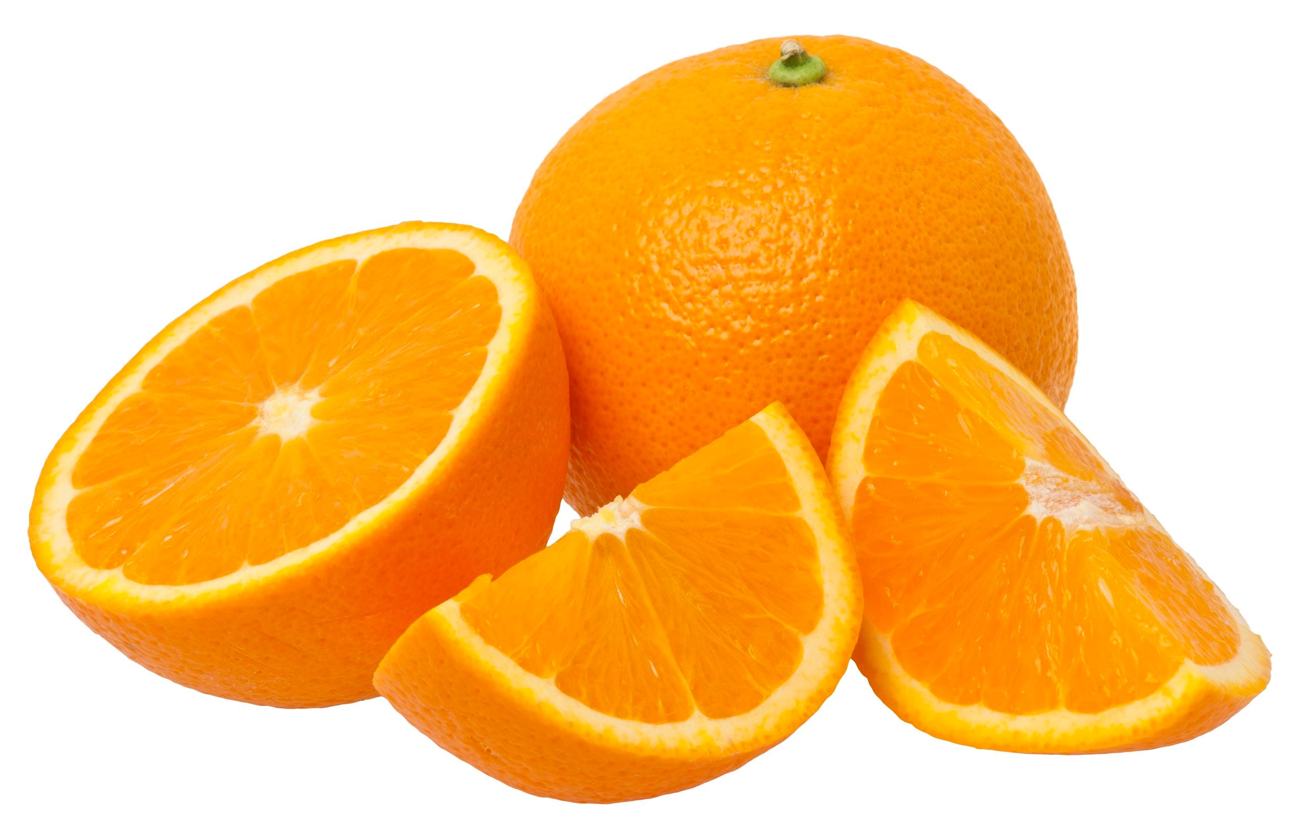 A whole orange is shown with a half and two wedges of orange arranged in front of it on a white background.