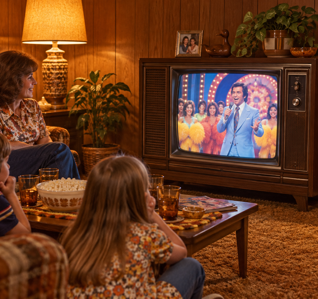 A family sits in a retro living room watching a variety show on a vintage wooden console television.