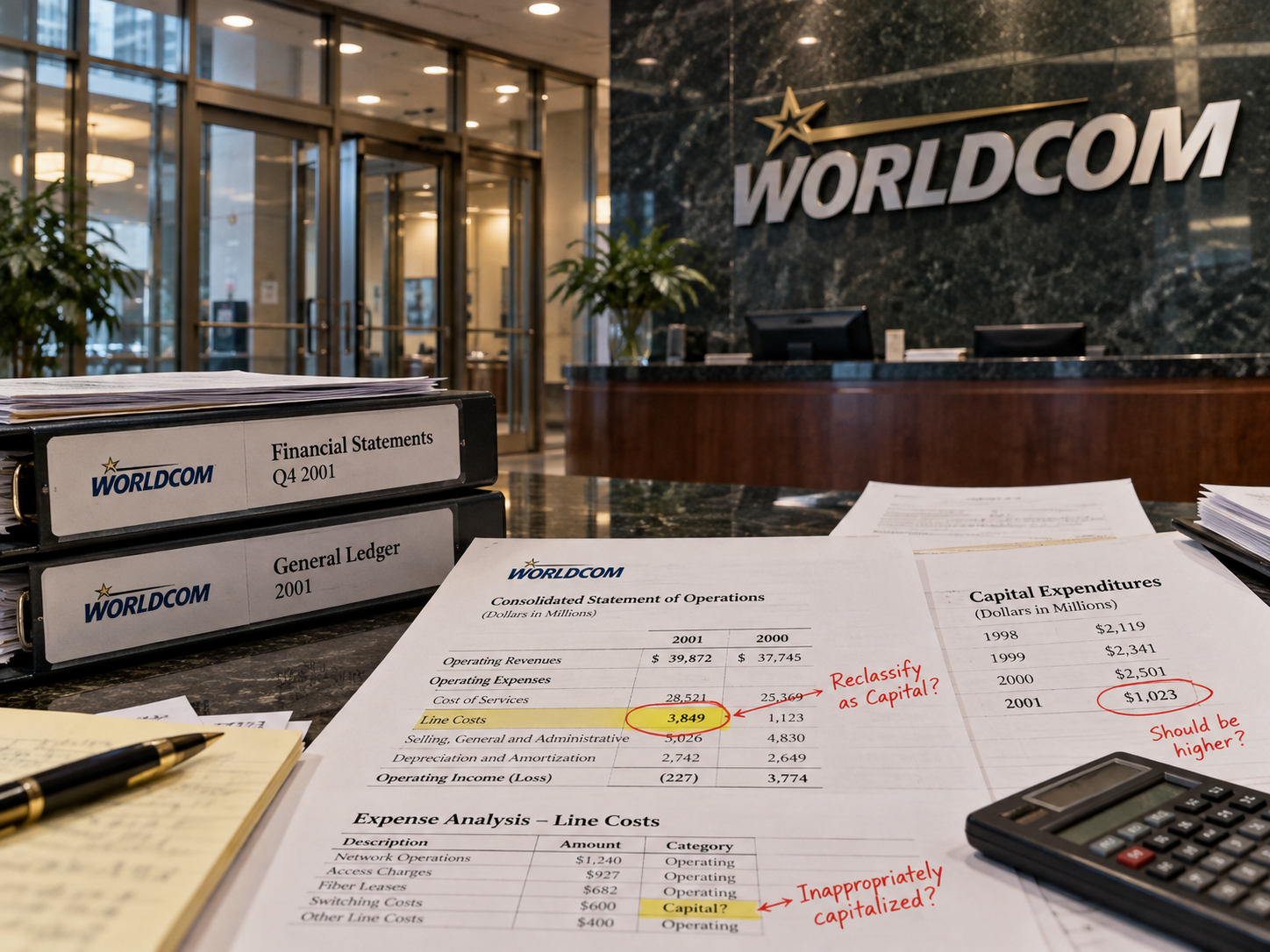 WorldCom financial documents on a desk, featuring a Consolidated Statement of Operations with handwritten annotations questioning the classification of line costs.