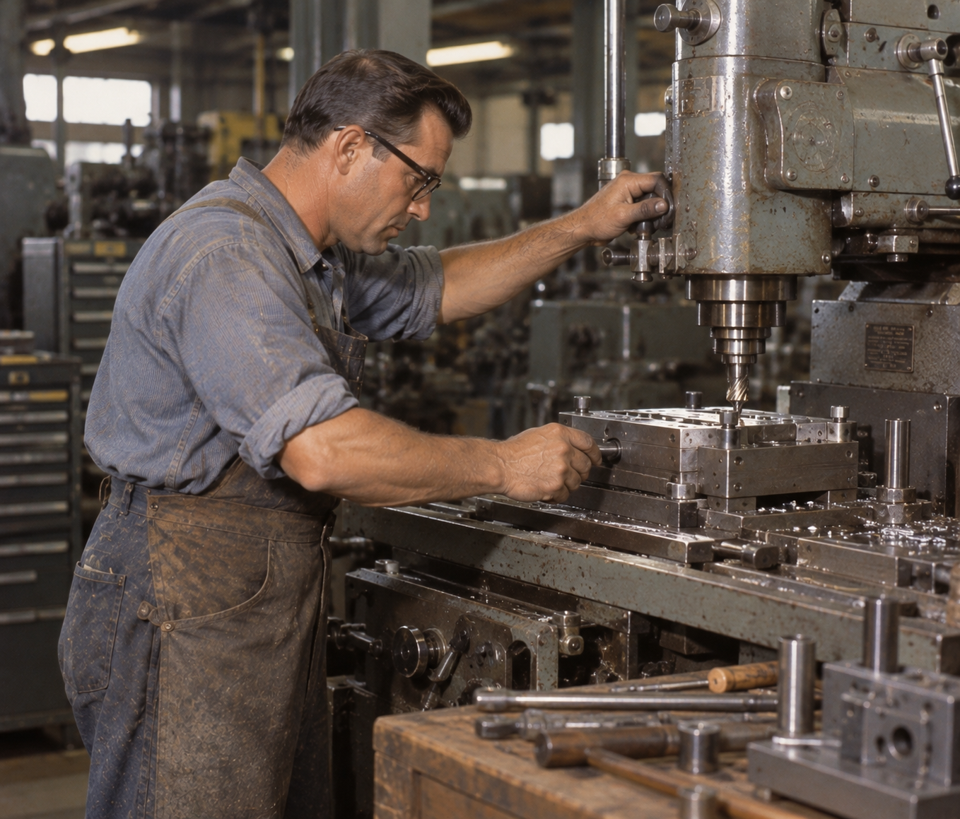 A machinist in a workshop operates a drill press on a metal component.