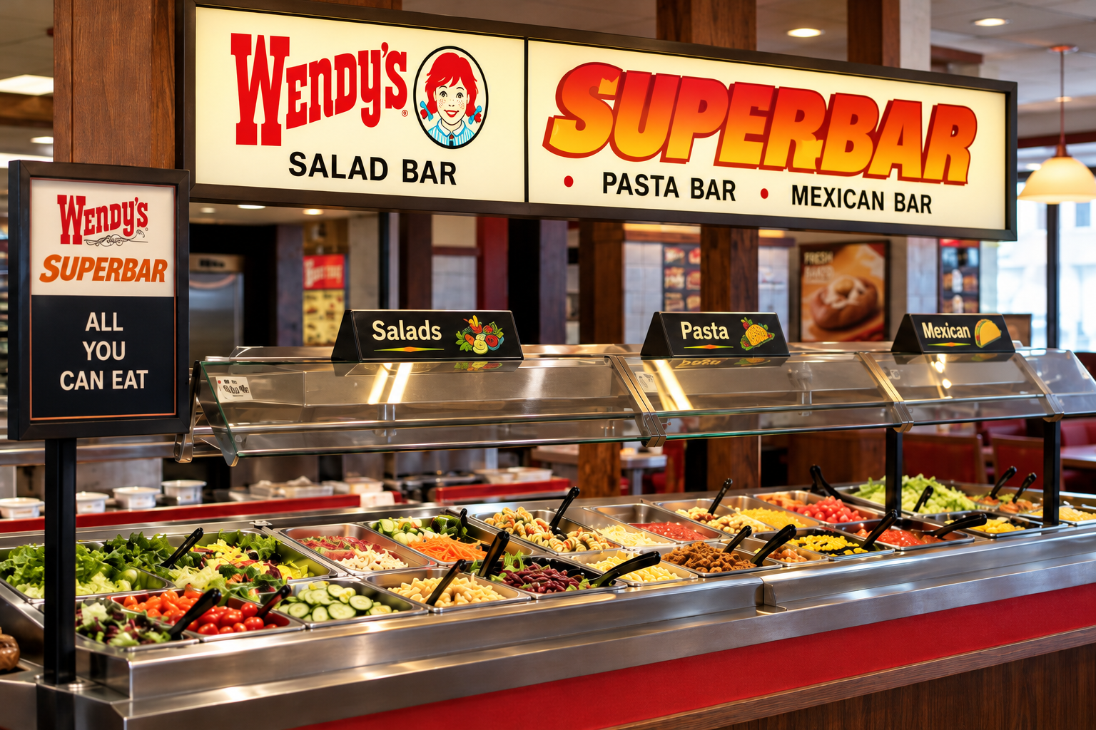 Wendy’s Superbar buffet station featuring separate sections for salads, pasta, and Mexican food.