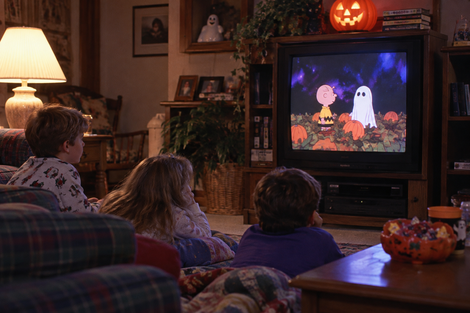 Three children sitting on a living room floor watching a Charlie Brown Halloween special on television.