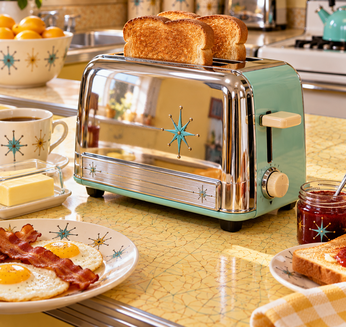 A vintage-style teal and chrome two-slice toaster with golden toast, sitting on a kitchen counter next to a plate of eggs and bacon.