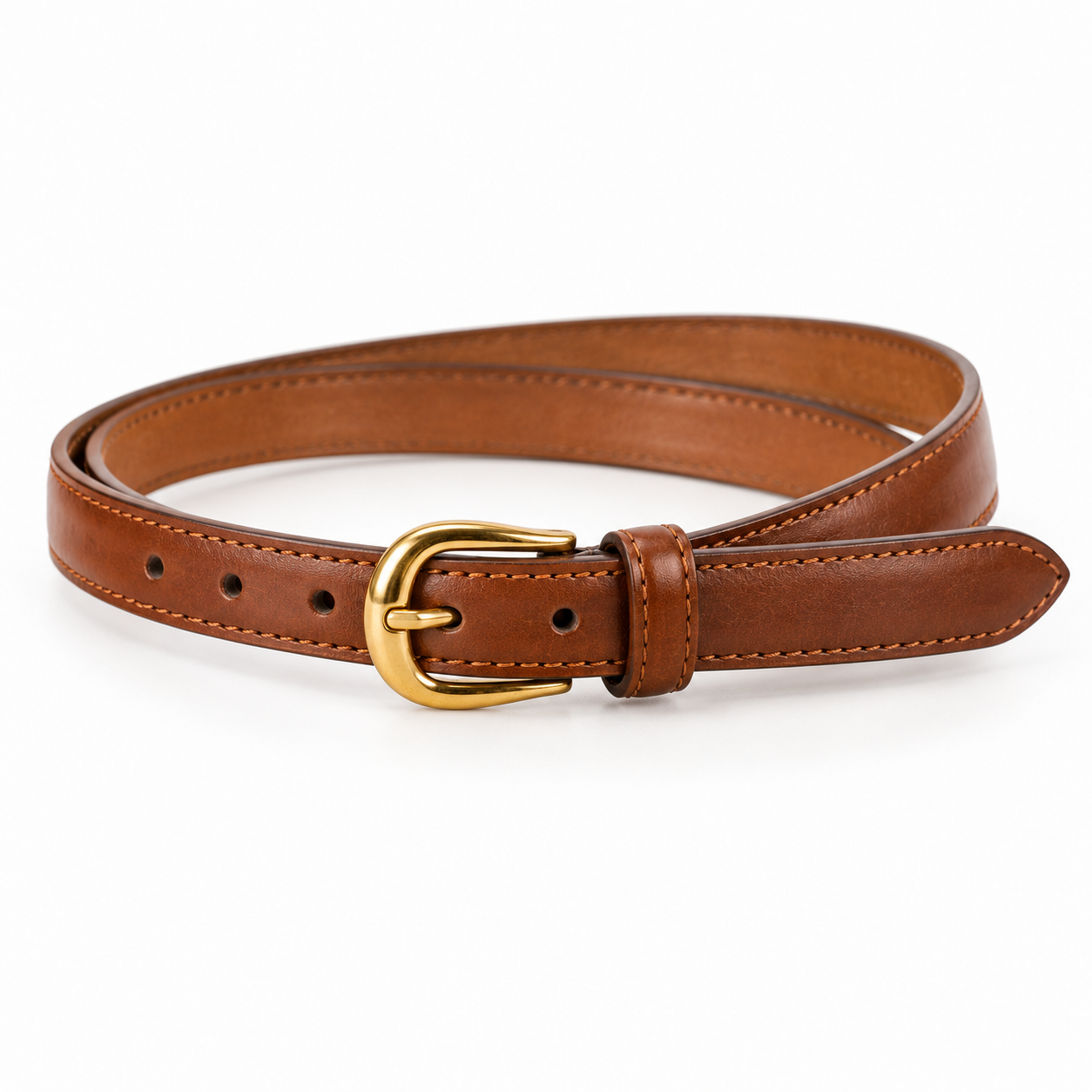 Brown leather belt with a gold-tone buckle.