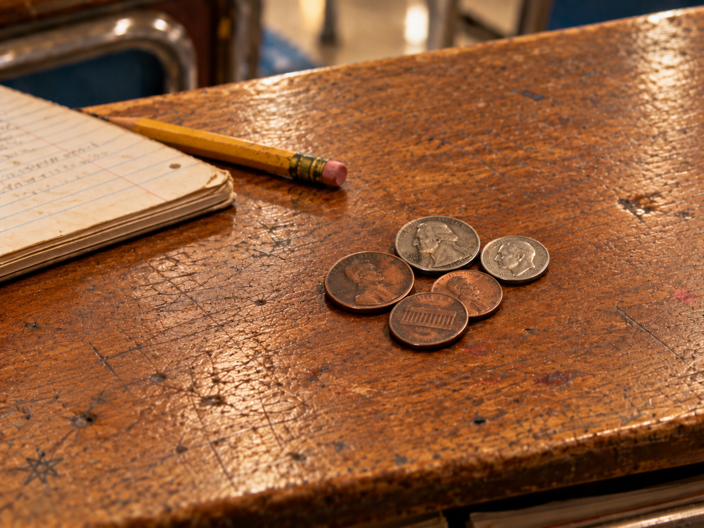 Three pennies, a nickel, and a dime resting on a scratched wooden desk next to a pencil and a notebook.