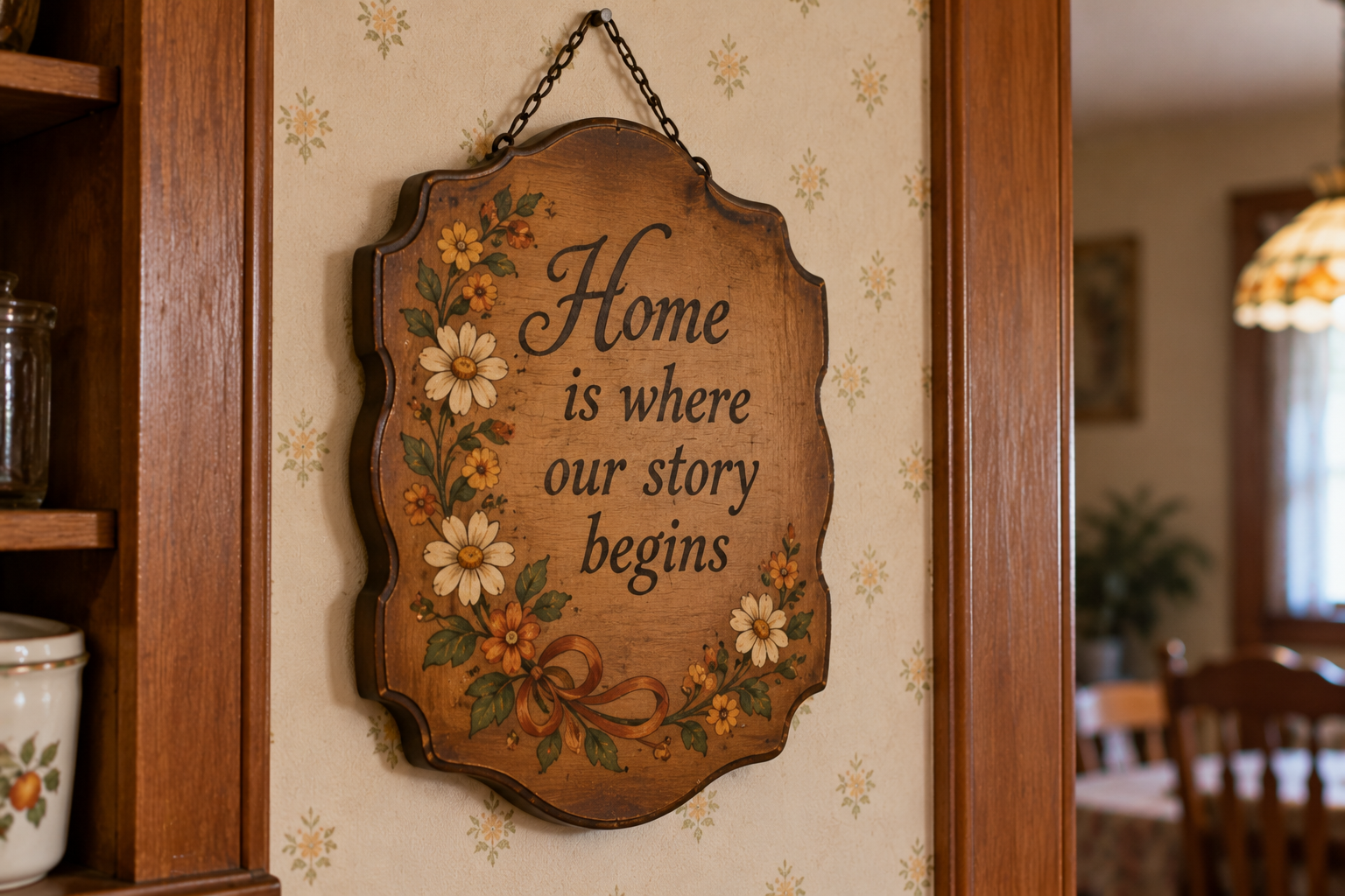 A decorative wooden wall plaque featuring the text “Home is where our story begins” surrounded by painted daisies.