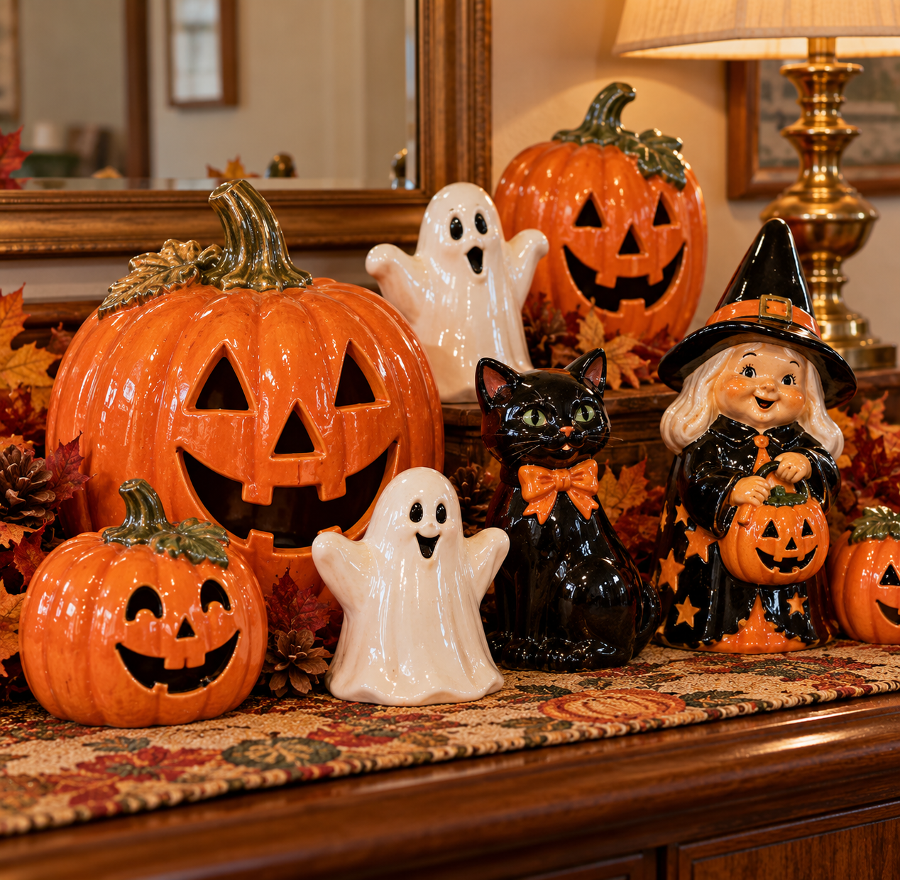 Assorted ceramic Halloween decorations on a tabletop, including several jack-o’-lanterns, two ghosts, a black cat, and a witch holding a small pumpkin.