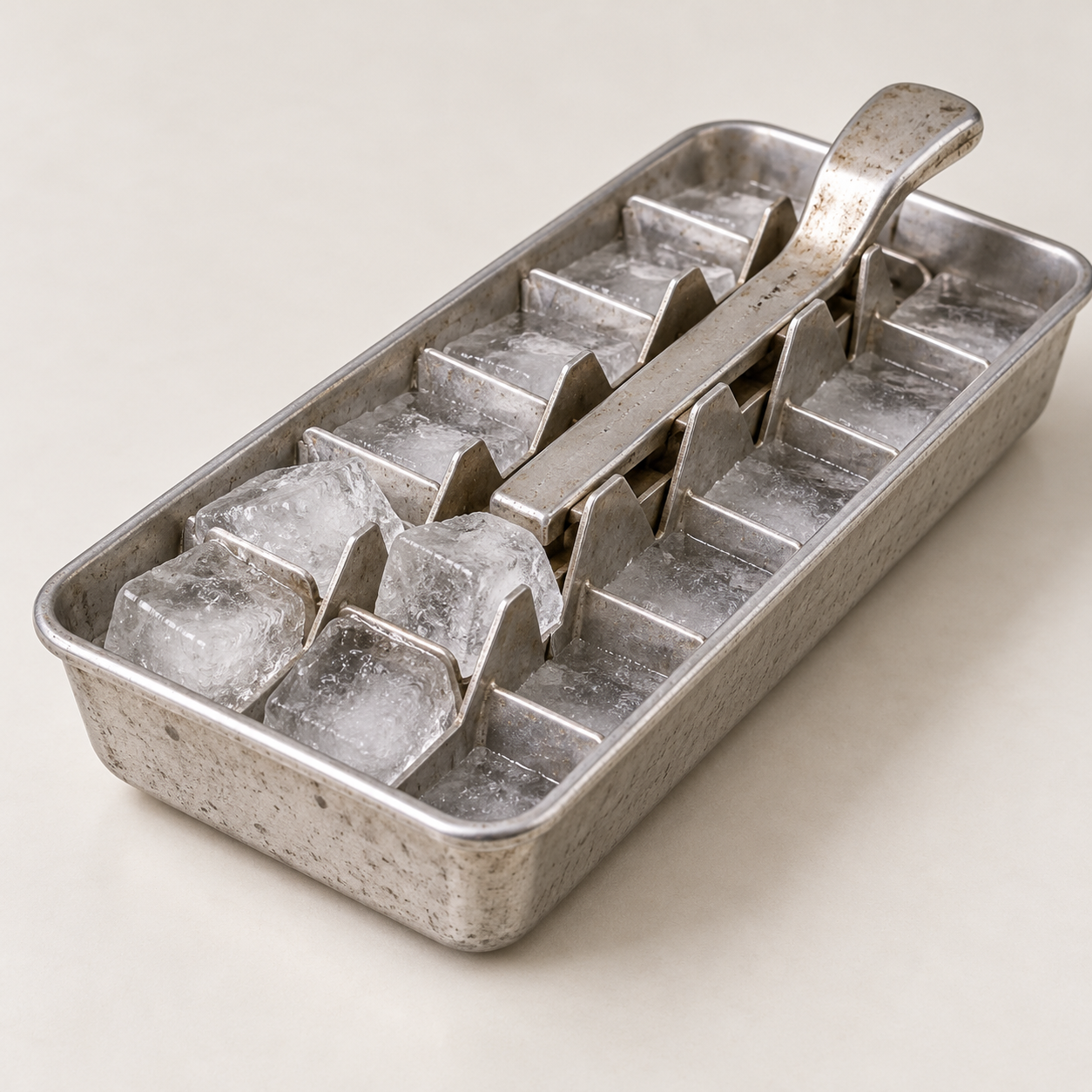A vintage metal ice cube tray containing several ice cubes and an attached lever handle.