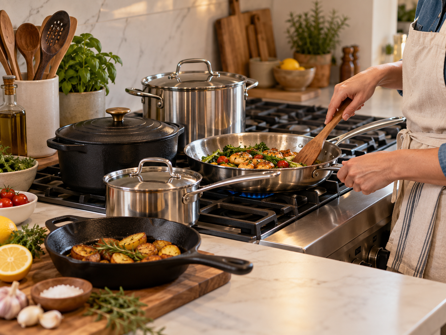 A person in an apron uses a wooden spatula to stir vegetables and protein in a stainless steel skillet on a gas stovetop, surrounded by various pots, pans, and fresh ingredients.