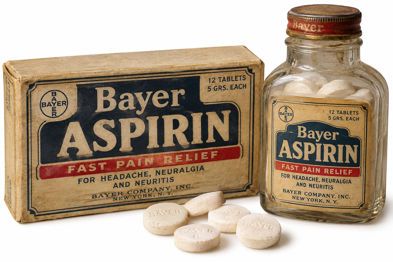 Vintage Bayer Aspirin cardboard box and glass bottle with white tablets stamped “Bayer” in the foreground.