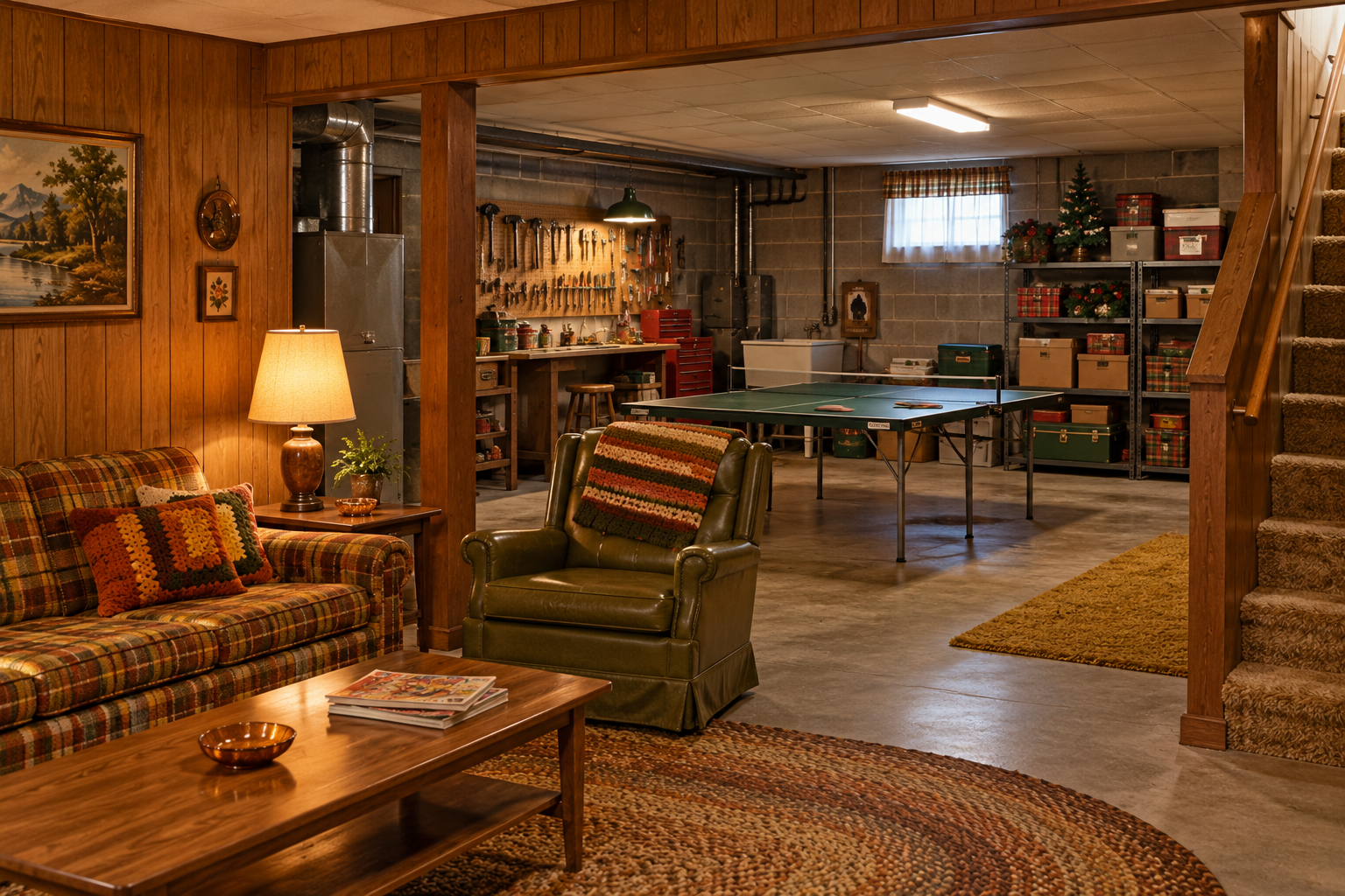A furnished basement featuring a plaid sofa and a green armchair in the foreground, with a ping pong table and a workshop area in the background.