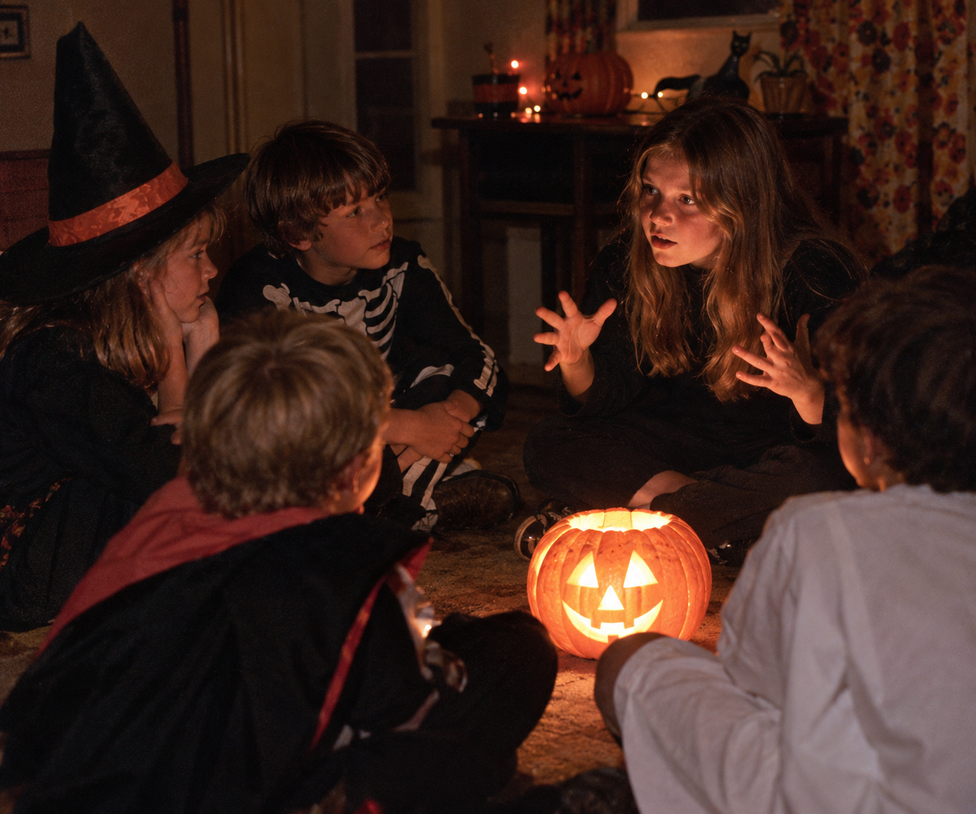 A group of children in Halloween costumes sit in a circle around an illuminated jack-o’-lantern while one girl tells a story with animated hand gestures.