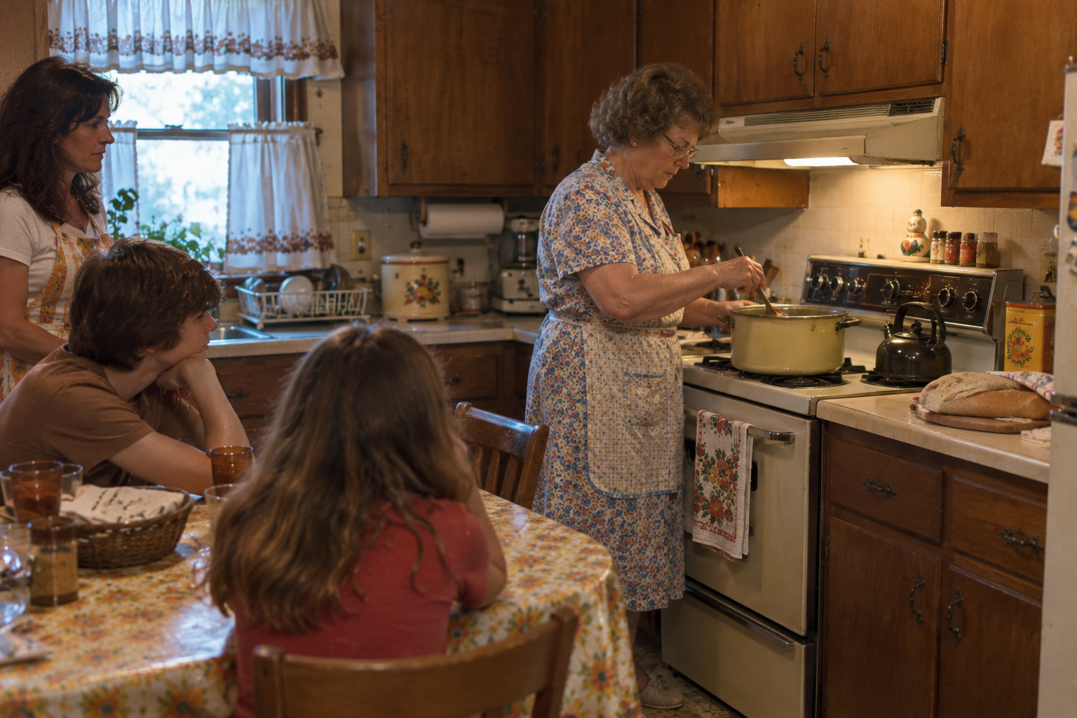 An older woman wearing an apron stirs a pot on the stove while a woman and two children sit at a kitchen table.