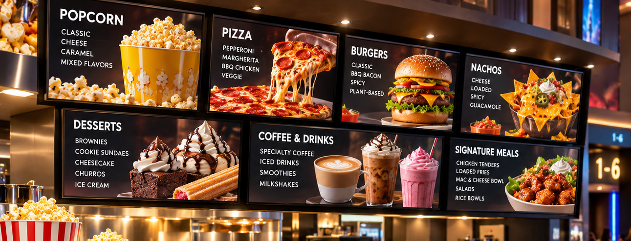A concession stand menu board displaying pictures and lists for popcorn, pizza, burgers, nachos, desserts, coffee, drinks, and signature meals.