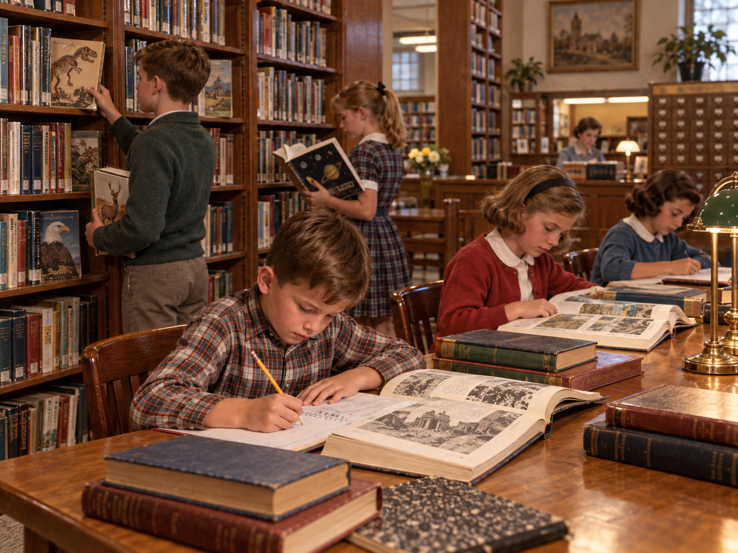 Several children in vintage clothing read books and write at wooden tables in a large, classic library filled with shelves of books. Some are seated and studying, while others search for books on the shelves.