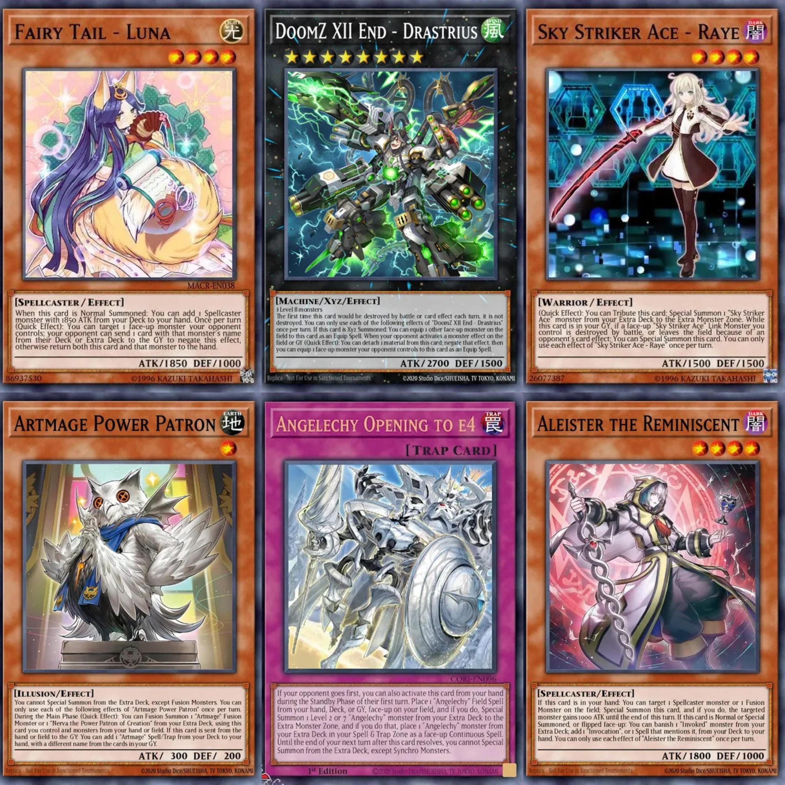 Six Yu-Gi-Oh! trading cards arranged in a grid, including Fairy Tail - Luna, Doomz XII End - Drastrius, Sky Striker Ace - Raye, Artmage Power Patron, Angelechy Opening to E4, and Aleister the Reminiscent.