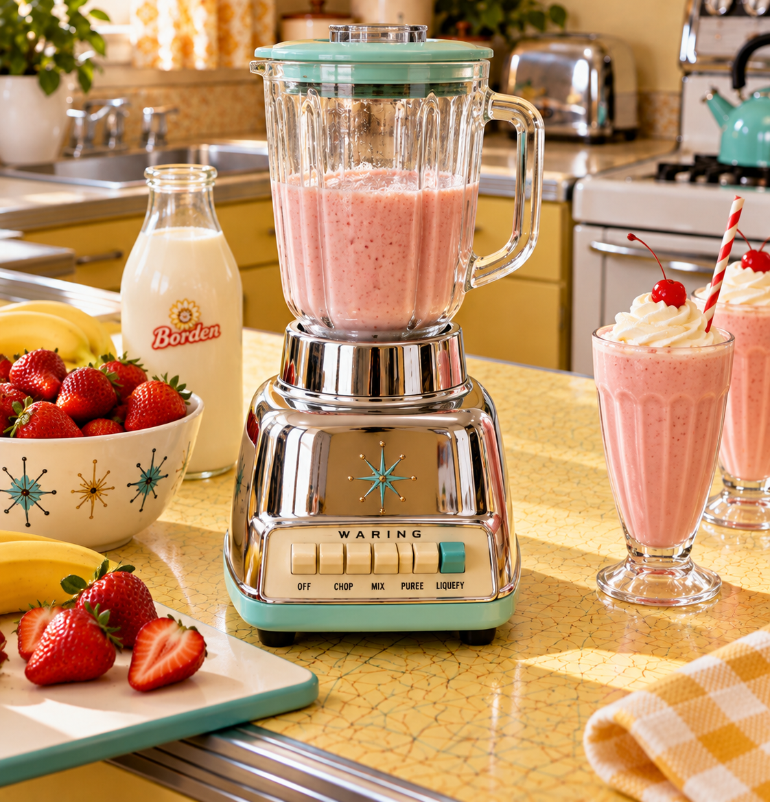 A chrome-and-teal vintage-style blender containing a pink smoothie, sitting on a yellow countertop next to a bowl of strawberries, a bottle of milk, and two strawberry milkshakes topped with whipped cream and cherries.