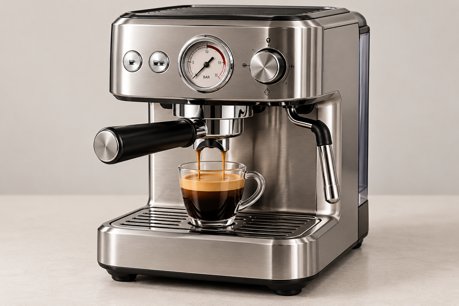 Stainless steel espresso machine dispensing coffee into a glass cup.