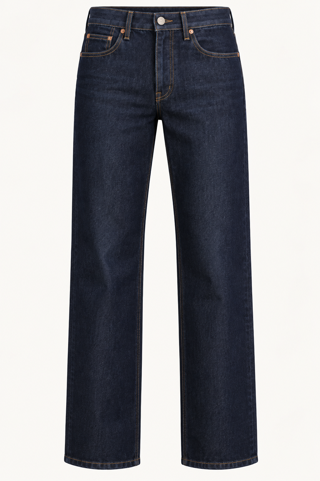 Dark wash, straight-leg denim jeans with copper-tone stitching and a button fly.
