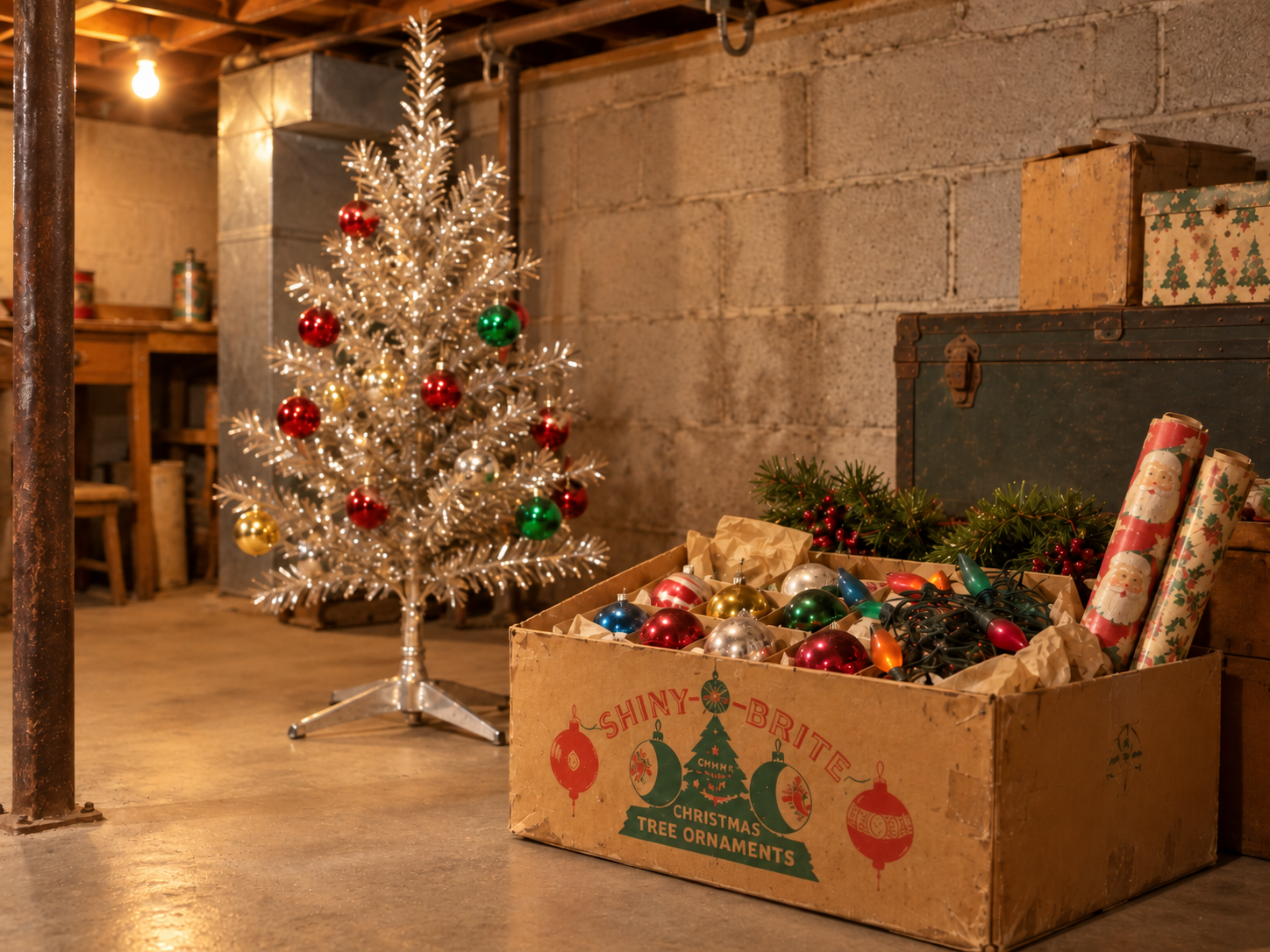A metallic silver Christmas tree stands in a basement next to a vintage Shiny-Brite box filled with colorful ornaments and light strands.