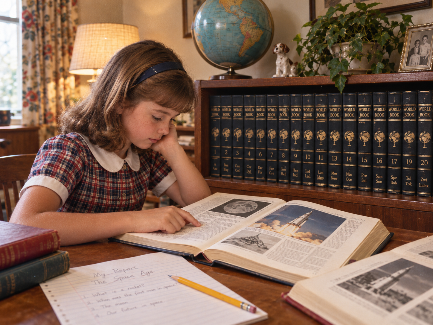 A young girl with a blue headband reads an open encyclopedia about space travel at a desk, with a handwritten report titled “My Report: The Space Age” in front of her.