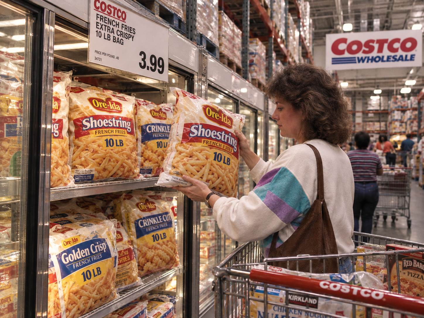 A woman in a warehouse store reaches into a freezer case to select a ten-pound bag of Ore-Ida shoestring french fries.