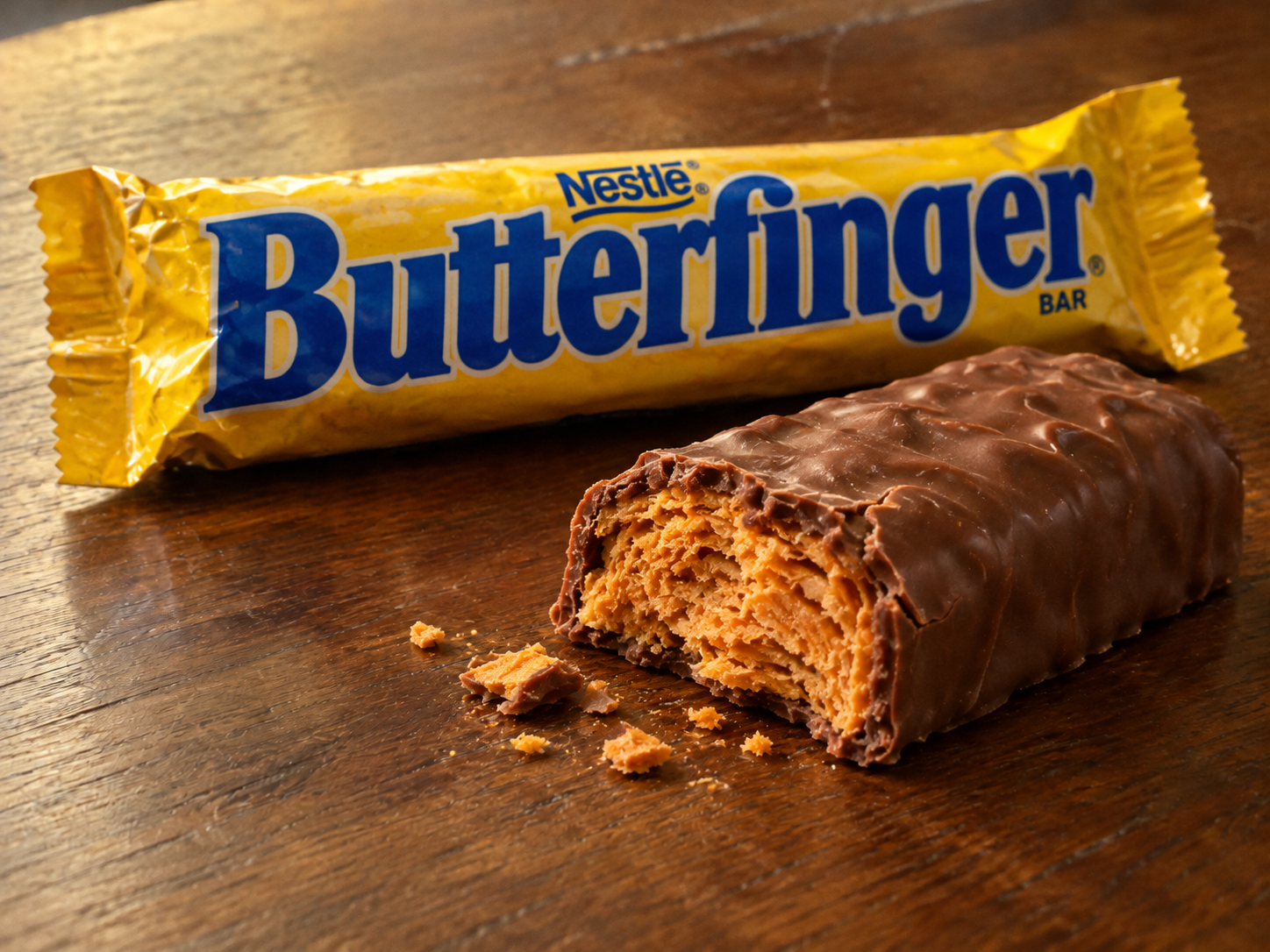 A Butterfinger candy bar with a bite taken out of it, showing its crispy, flaky center, next to its yellow wrapper.