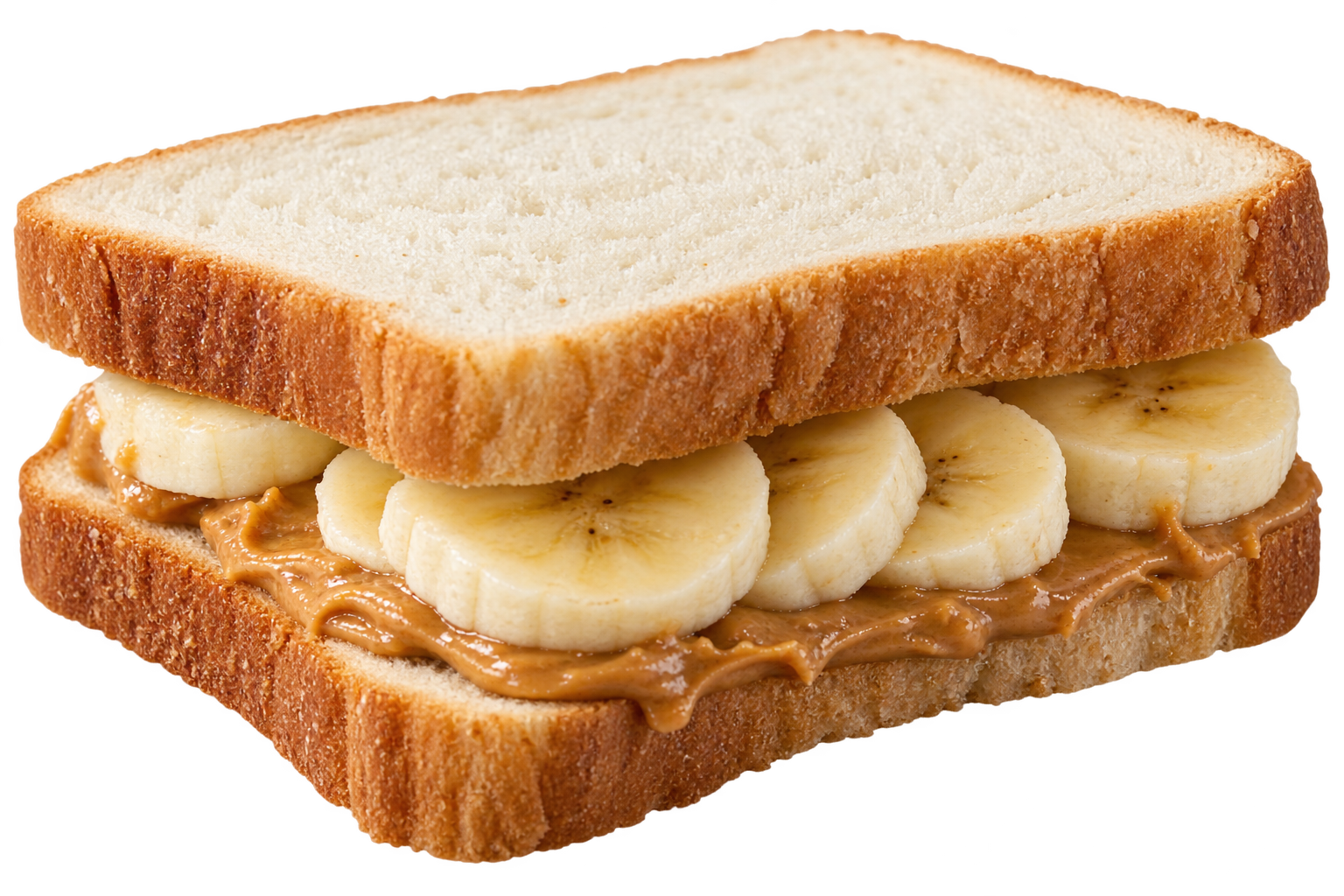 A peanut butter and banana sandwich on white bread.