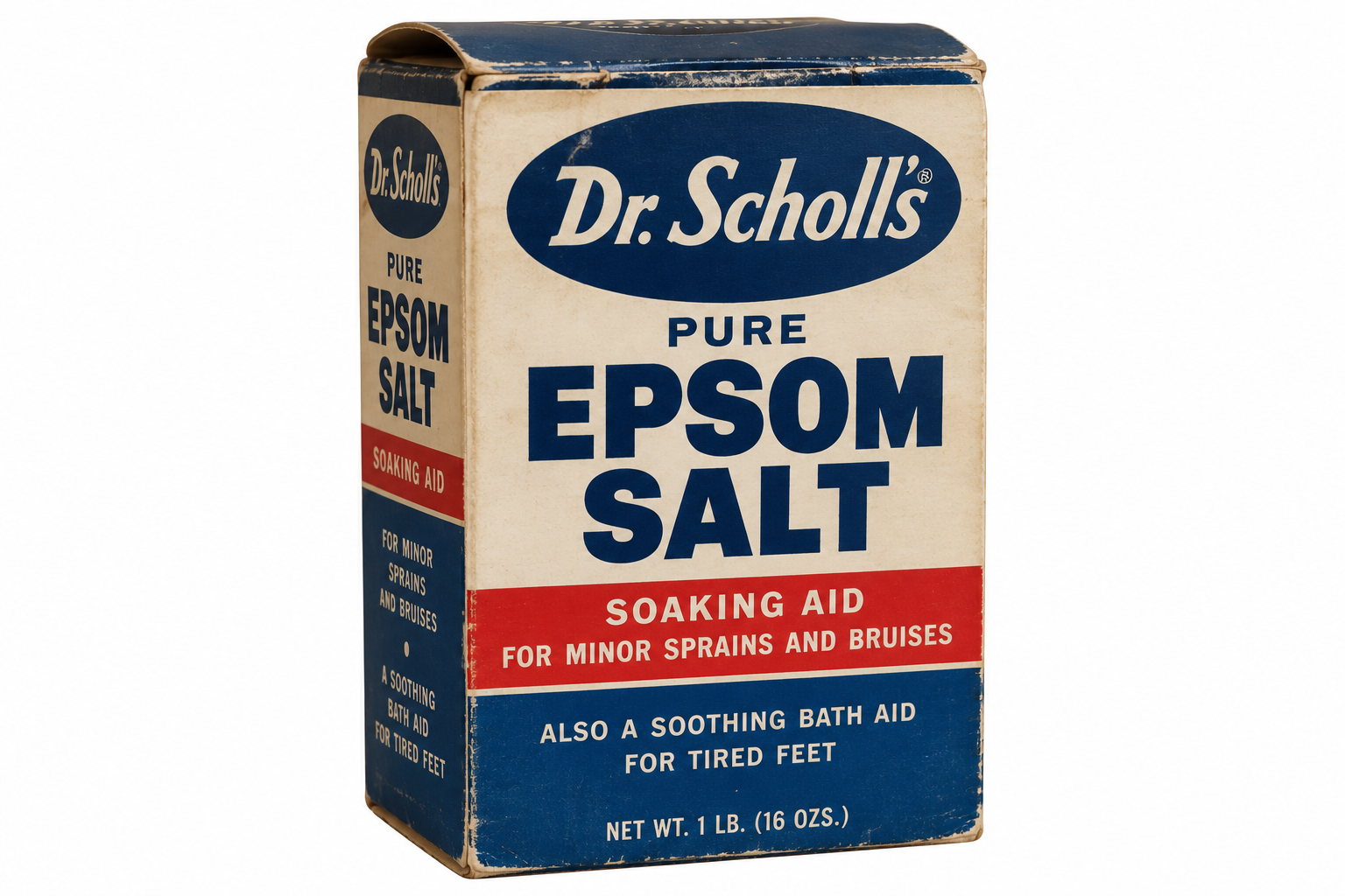 A vintage Dr. Scholl’s Pure Epsom Salt box, labeled as a soaking aid for minor sprains, bruises, and tired feet.