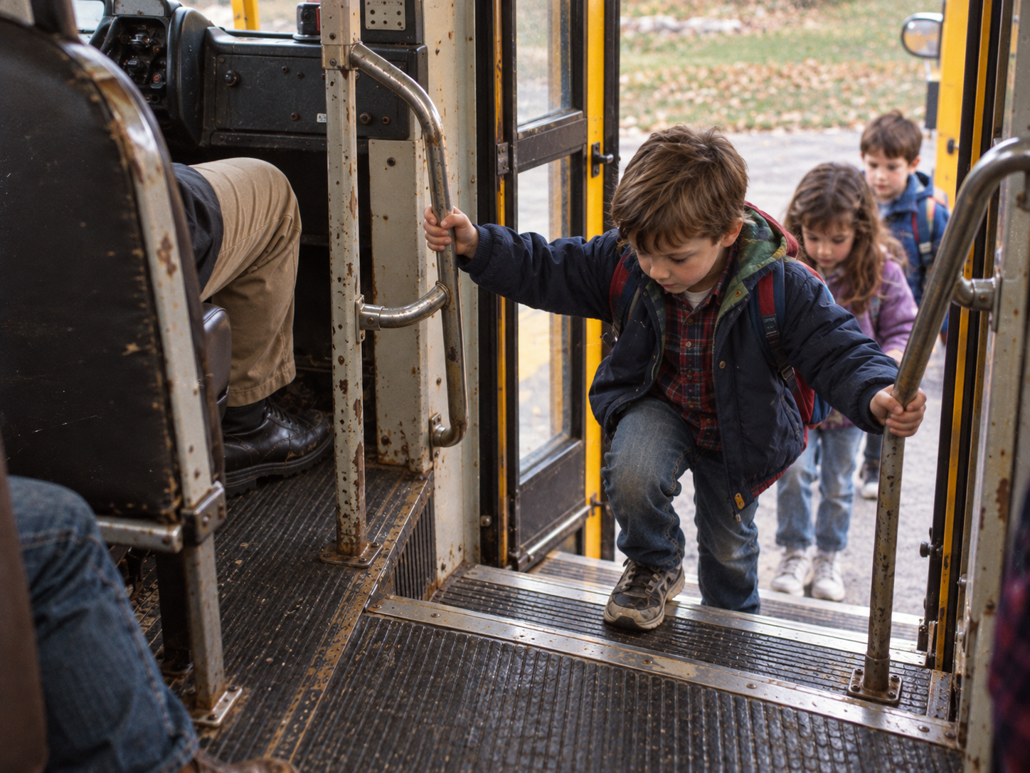A young boy with a backpack climbs the steps to board a school bus, followed by two other children.