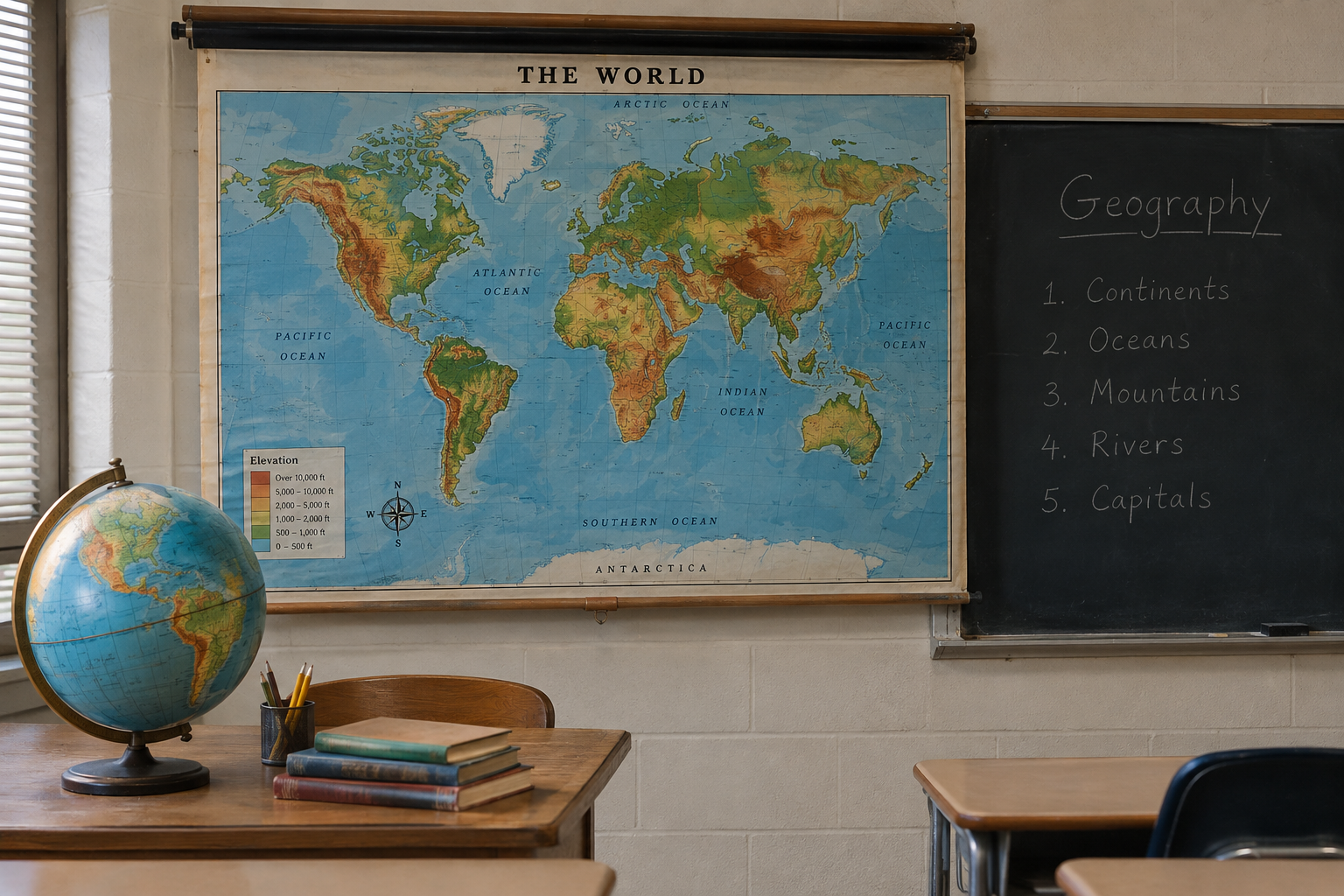 A world wall map hangs above a blackboard that reads “Geography” followed by a list of five topics, with a globe and a stack of books on a classroom desk in the foreground.
