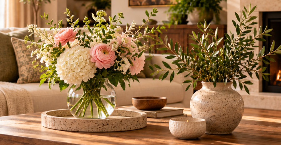 A glass bowl filled with pink ranunculus and white hydrangeas sits on a tray next to a ceramic vase of olive branches on a wooden coffee table.