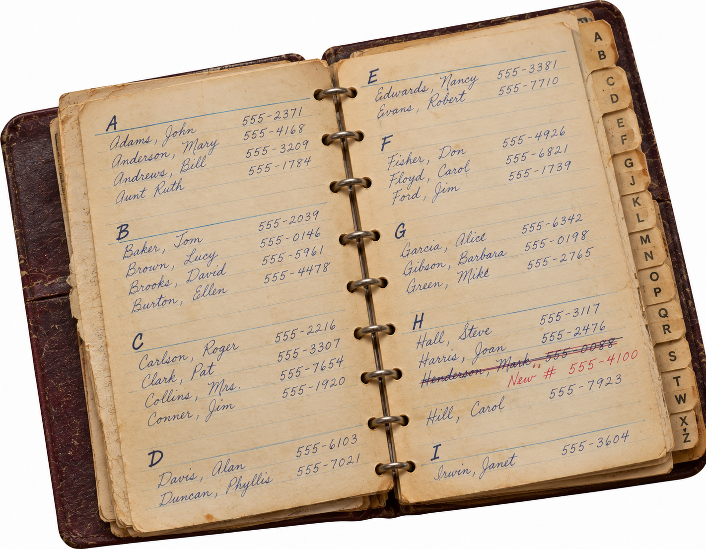 Open address book with handwritten names and phone numbers organized alphabetically from A to I.